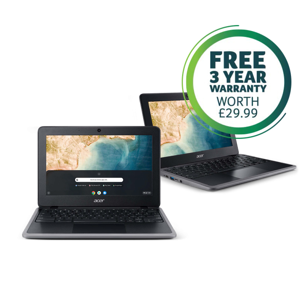 Image of a Chromebook 311 Device including specifications and a logo to explain Free 3 year warranty worth £29.99 