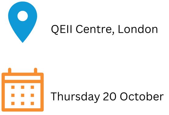 Location icon and calendar icon used to inform that the event takes places on 20 October at the QE2 Centre, London
