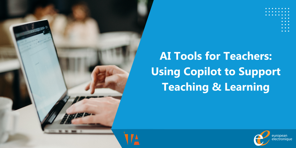A promotional image features a person's hands typing on a laptop in a blurred classroom setting. The focus is on the hands and laptop; the background shows out-of-focus students and a classroom environment. Overlaid on the right is a bright blue section with the text "AI Tools for Teachers: Using Copilot to Support Teaching & Learning" in white. Small logos for the article's creator are in the bottom left and bottom right corners. The overall style is clean, modern, and professional, conveying the topic of technological integration within education.