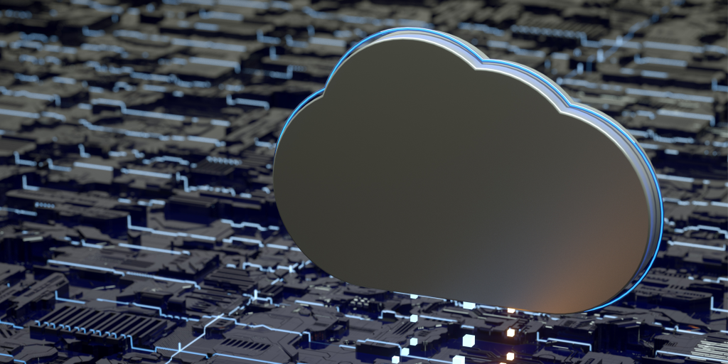 An animate cloud placed on a circuit board which is black and has lines of blue.